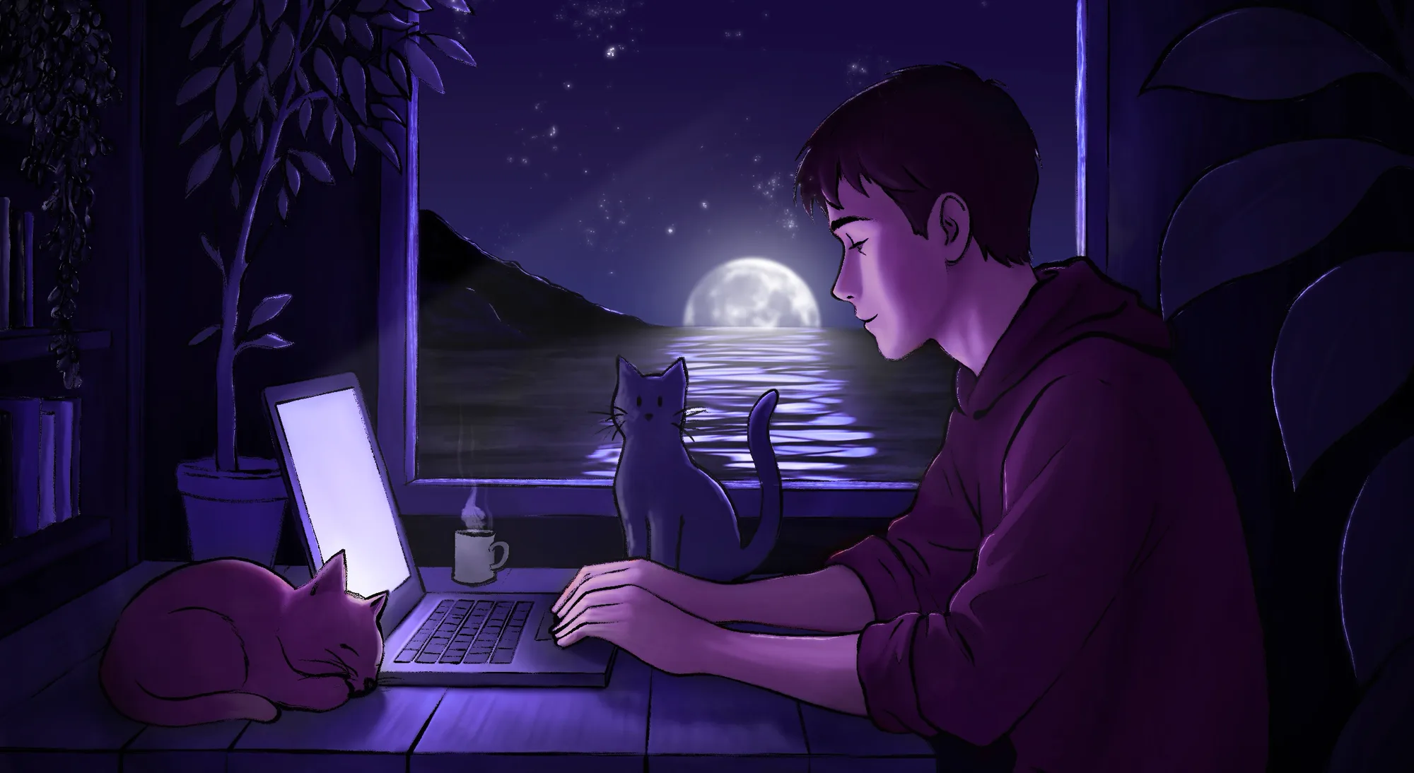 Illustration : Flavien devant son ordinateur, la nuit, avec deux chats